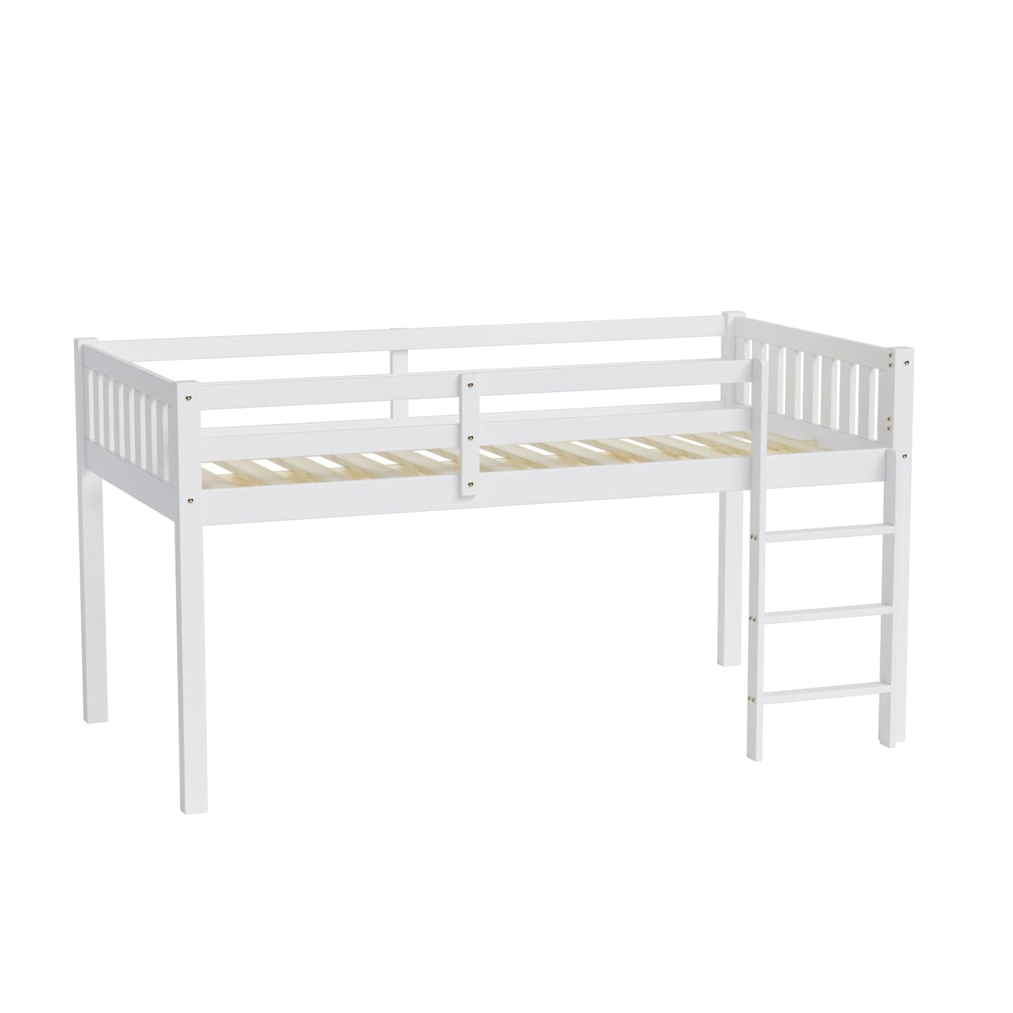 JOYMOR Twin Loft Bed Low Loft Bed Frame for Little Kids Small Room/Low Ceiling Bedrrom with Guardrail and Ladder, White