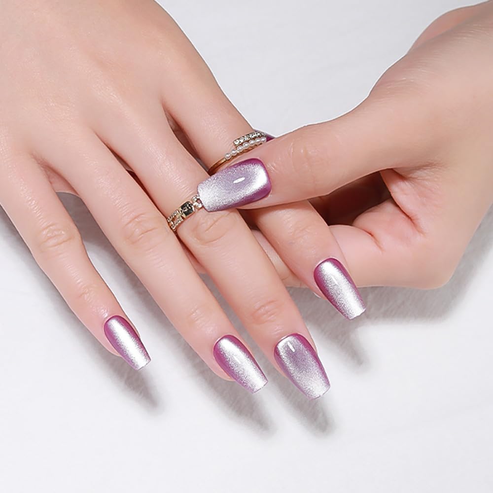 evpct Purple Cat Eye Coffin Press on Nails Medium Square No Glue, Medium Square Stick on Nails for Women Gift, Lavender Purple Metallic Glitter Glossy Reusable Summer Press on Fake Nail with Designs