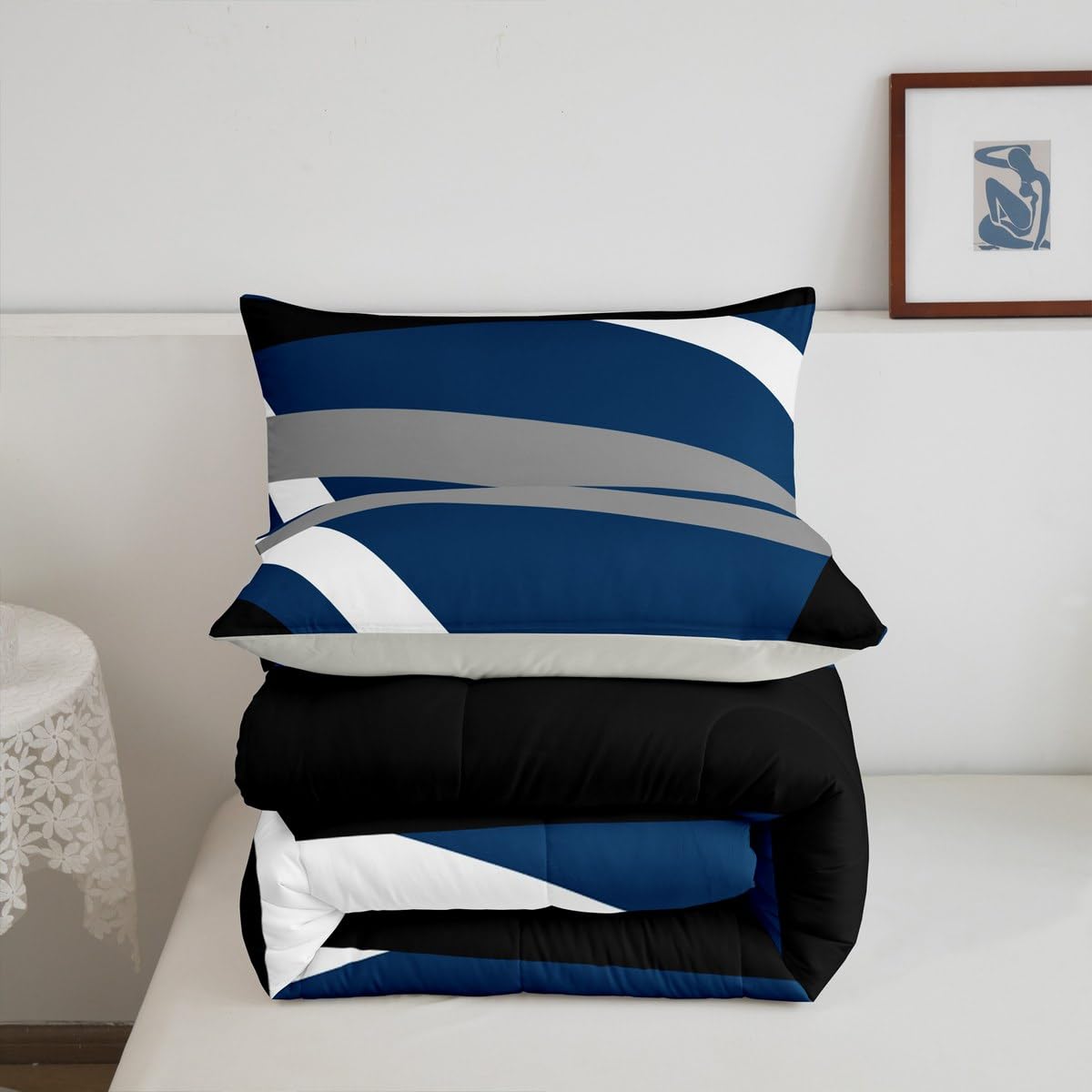 Erosebridal Blue Gray Black Striped Queen Comforter Set for Adult Women Men Modern Abstract Bedding Set Geometric Lines Bed Set Aesthetic Boho Quilt Set
