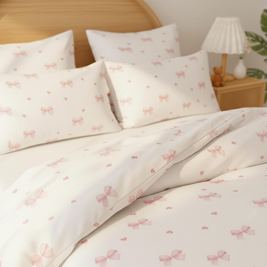 Sedefen Pink Bow Duvet Cover Queen Size Red Heart Bowknot Printed on White Duvet Cover Set Girls Princess Style Cute Kawaii Bows Love Pattern Reversible Soft Breathable Microfiber Bedding Set 3Pcs