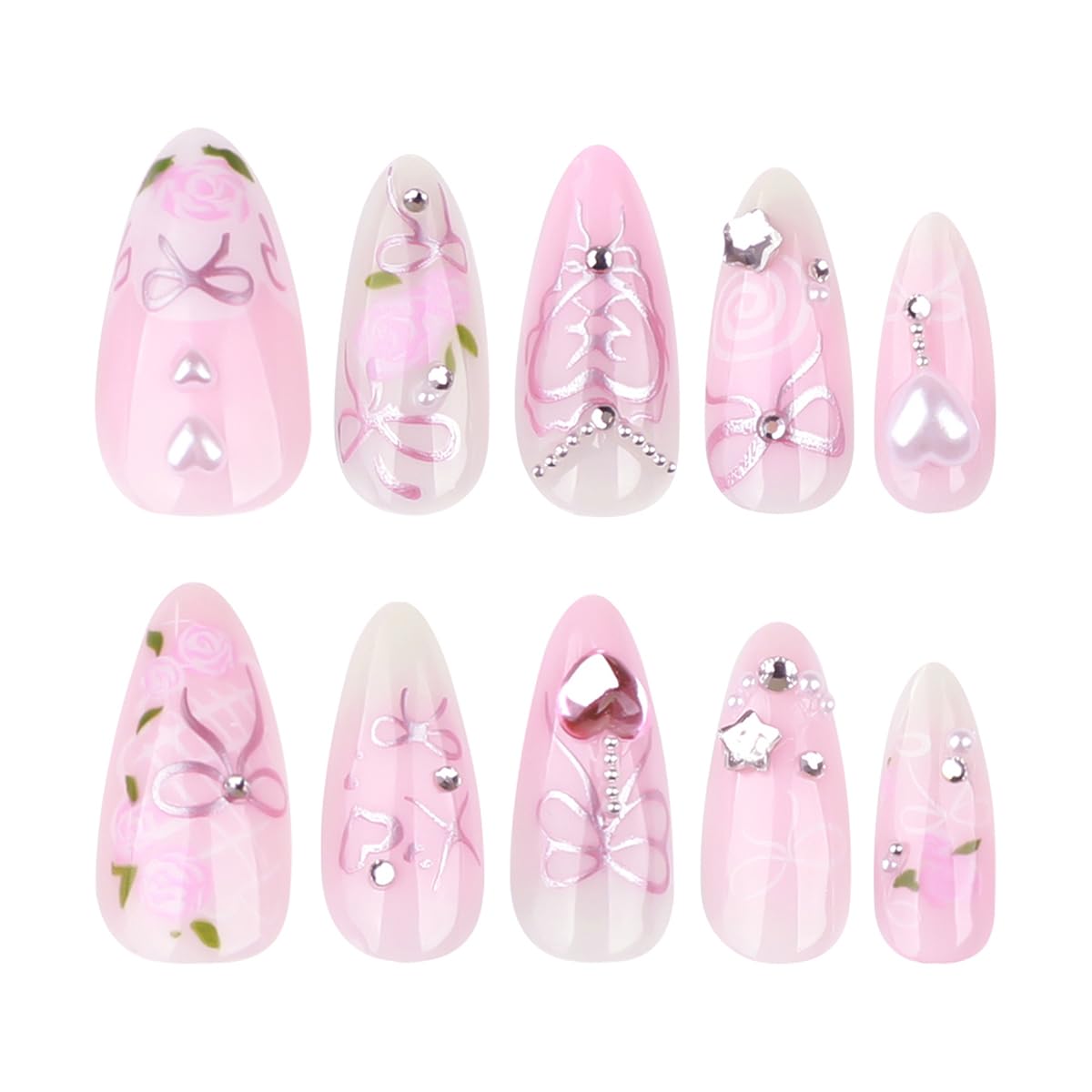 24Pcs Almond Press on Nails Medium Luxury Pink Fake Nails with 3D Heart Pearl Star Rhinestones Gems Designs White Gradient Bow Rose Flower Stick on Nails Full Cover Glue on Nails for Women
