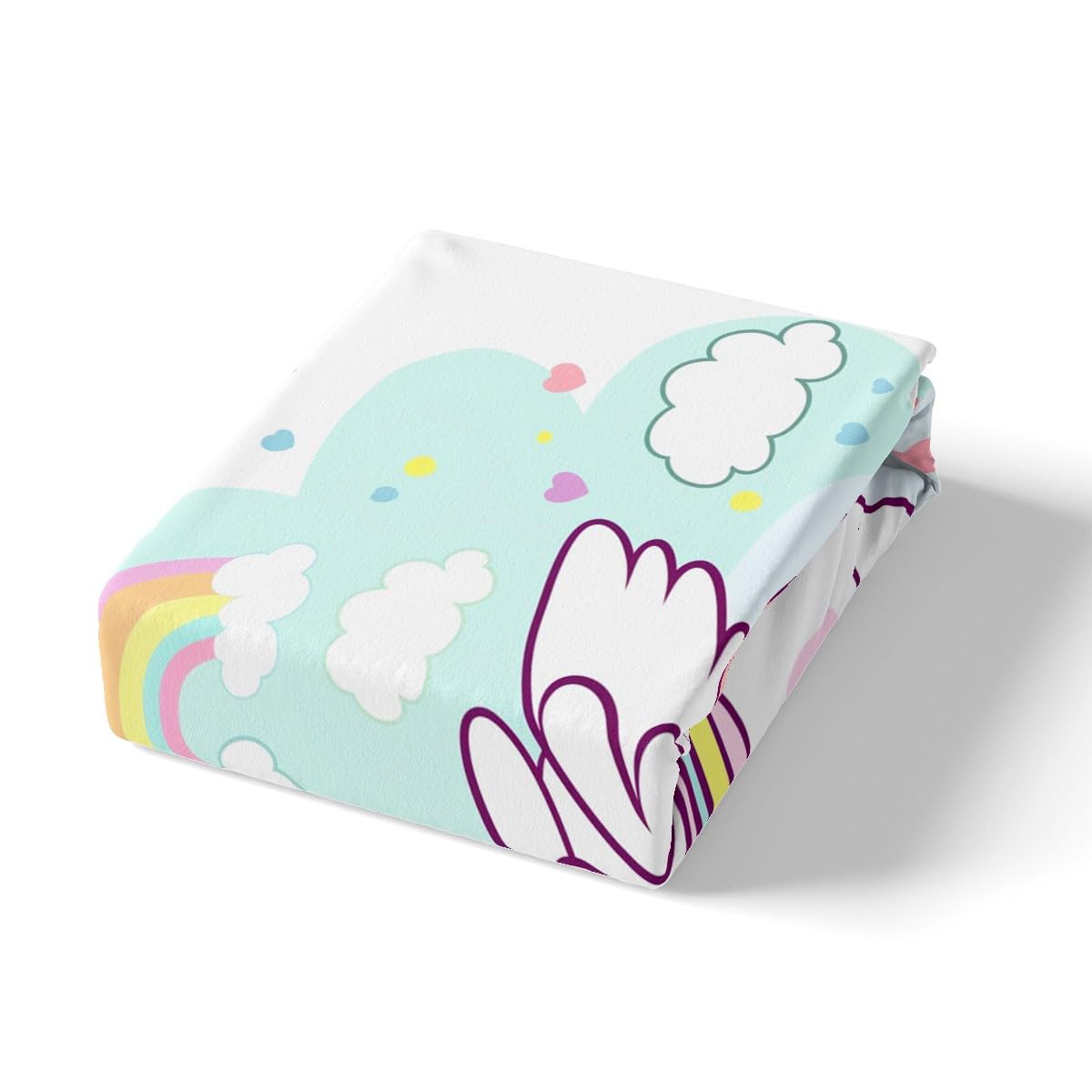 Kawaii Unicorn Kids Fitted Sheet Full Size,Rainbow Love Heart Clouds Bedding Set,Girls Women Room Decor,Cartoon Animal Princess Bed Cover,Pink Teal Bed Sheet,2 Pillowcases