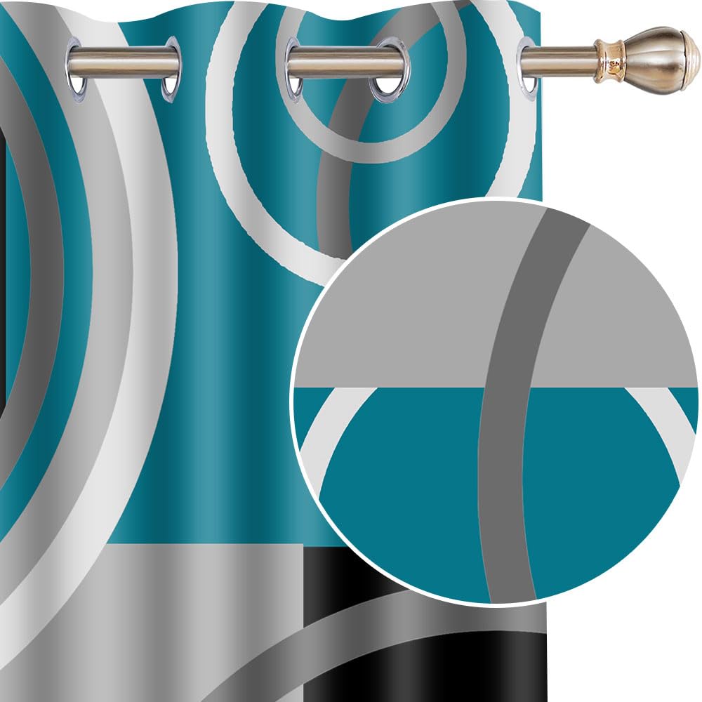 EOTDMS Teal Gray Geometric Blackout Curtains for Bedroom, White Gray Modern Abstract Plaid Circle Room Darkening Curtain Thermal Insulated Window Drapes for Living Room, 2 Panels, 42x63 inches Length