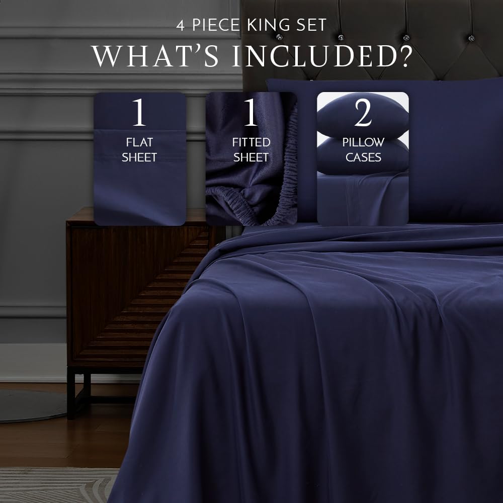 King Size Navy Blue Microfiber Sheet Set- Soft Finish, Lightweight 4-Piece Bed Set, Deep Pocket Fits Up to 14", Lightweight, Wrinkle Resistant, Quick Dry, by Linen Closet