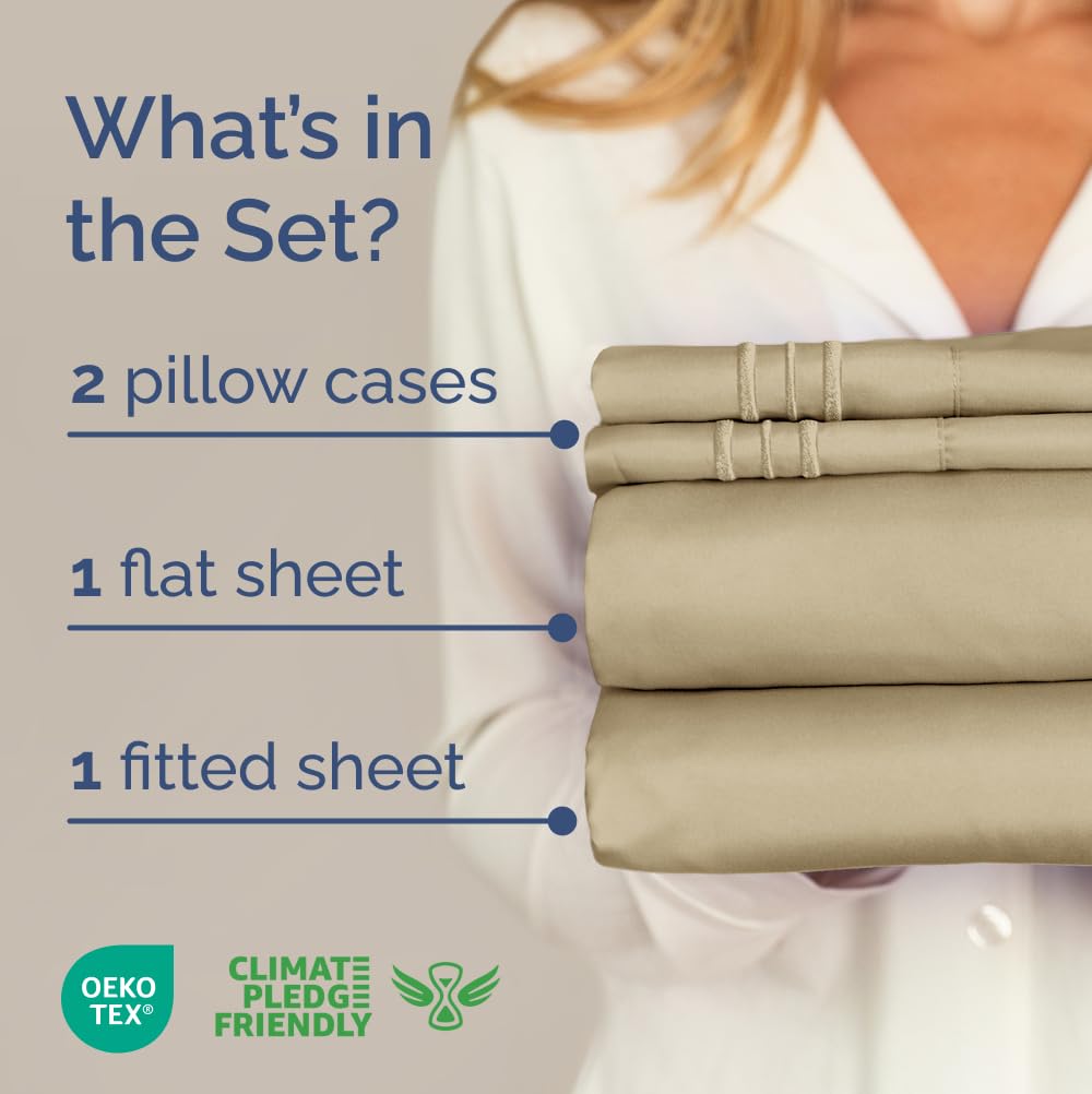 Queen Size 4 Piece Sheet Set - Comfy Breathable & Cooling Sheets - Hotel Luxury Bed Sheets for Women & Men - Deep Pockets, Easy-Fit, Extra Soft and Wrinkle Free Sheets - Beige Oeko-Tex Bed Sheet Set