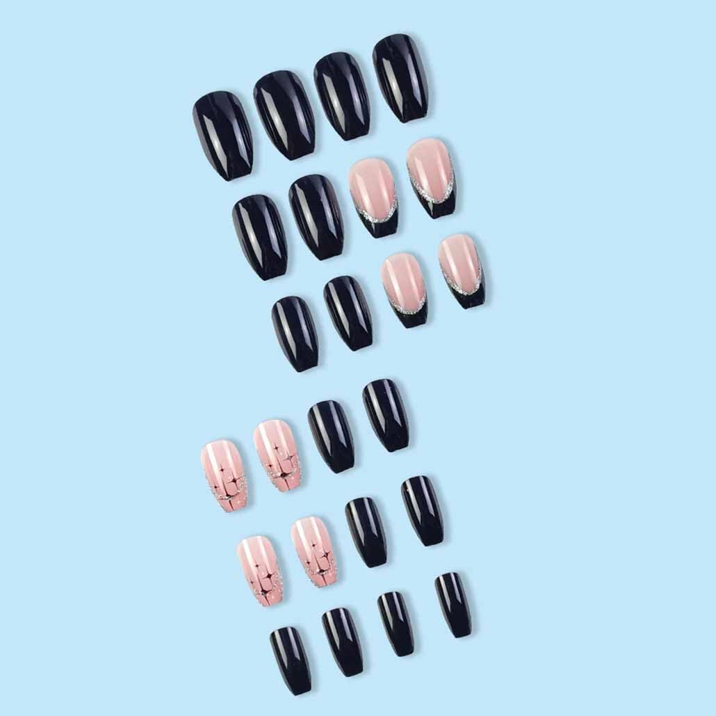 Foccna Coffin False Press on Nails Black Acrylic Fake Nails for Girl Full Cover Wear Finger Glossy Nail Bling Design Art Tips for Women and Girls 24 pcs