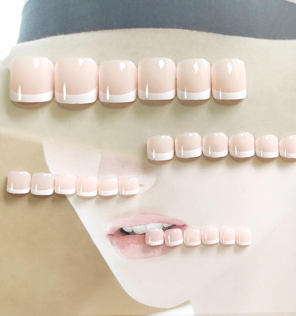CEWEWP 24 Pcs Skin Tone Press on Toenails Fake Toe Nail Nude White French Tip Sticker with Glue Summer Full Cover False Fashion Square Short Removable Acrylic Nails for Women Manicure Decor