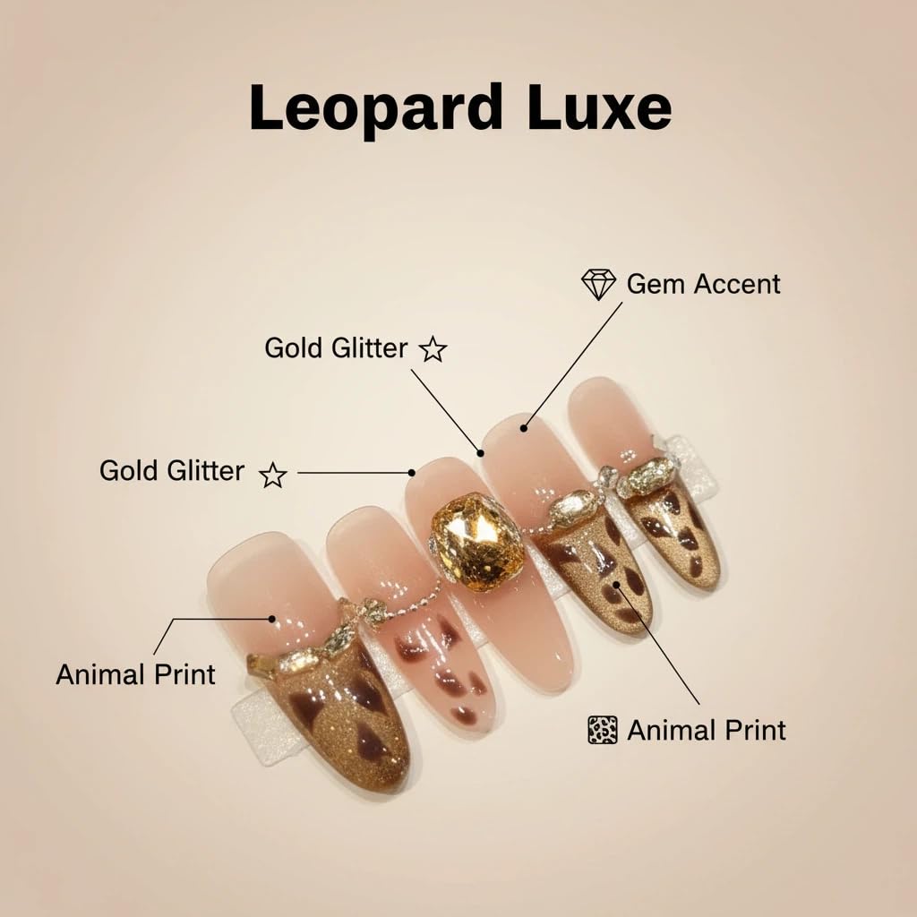 Handmade Press on Nails Long Stiletto Fake Nails French Tip Leopard print False Nails with 3D Rhinestones Designs Sparkly Gold luxury Artificial Nails Reusable for Women 10pcs (Size M）
