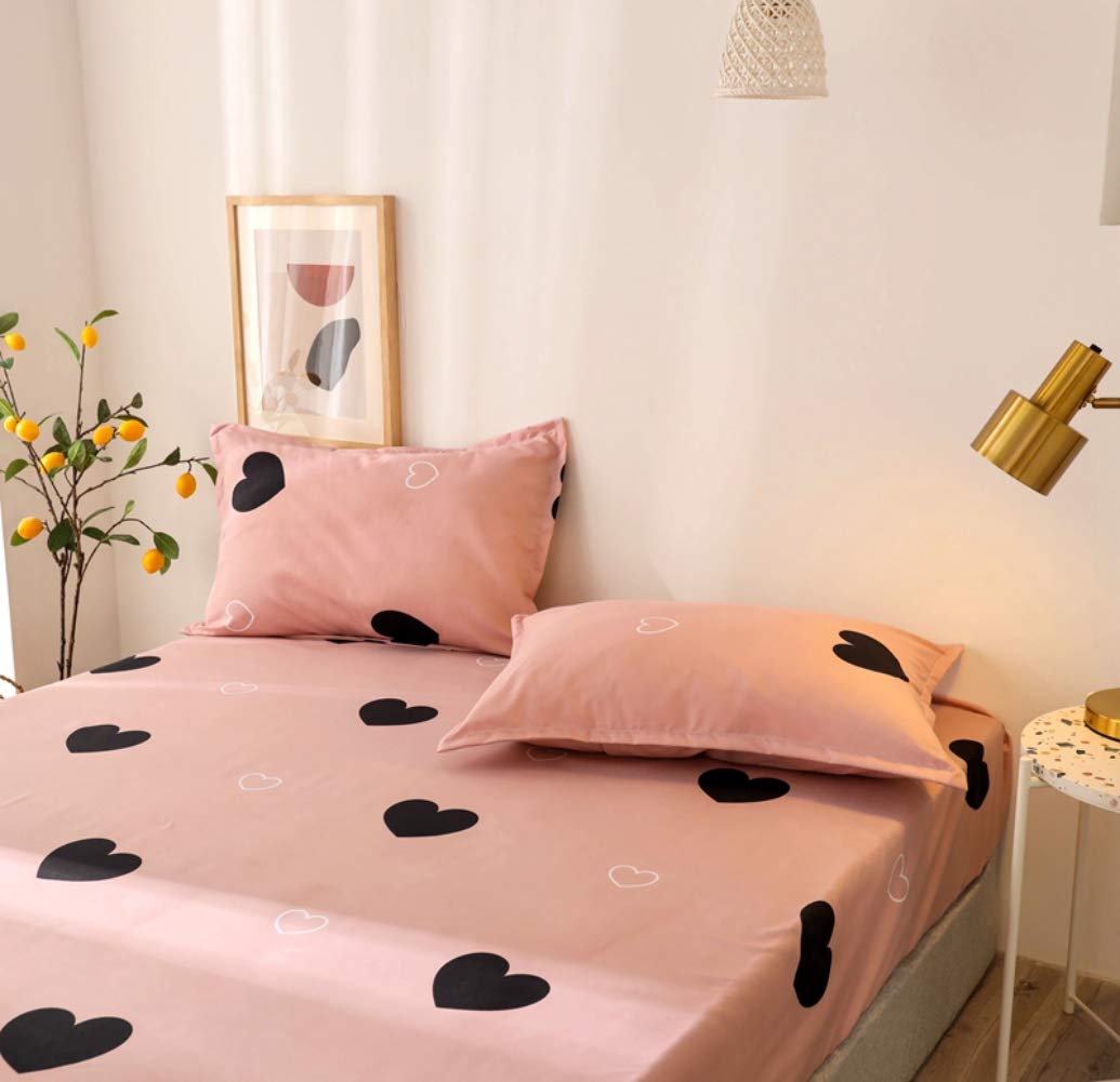 Girls Cute Heart Pattern Fitted Sheet for Kids Twin Size Lovely Pink Black Bedroom Decor Bed Sheet Set Girly Cartoon Love Geometric Bedding Set Children Modern Design Bed Cover with 1 Pillow Case