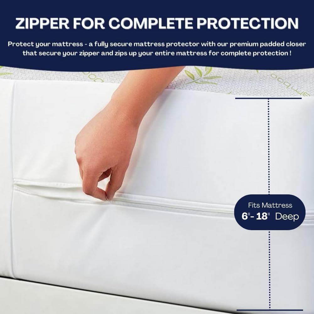 Bamboo Mattress Protector with Zipper - 100% Waterproof Full Size Cooling Mattress Cover - Ultra Soft Jacquard Fabric Breathable Noiseless Mattress Pad Cover - Zippered Mattress Encasement