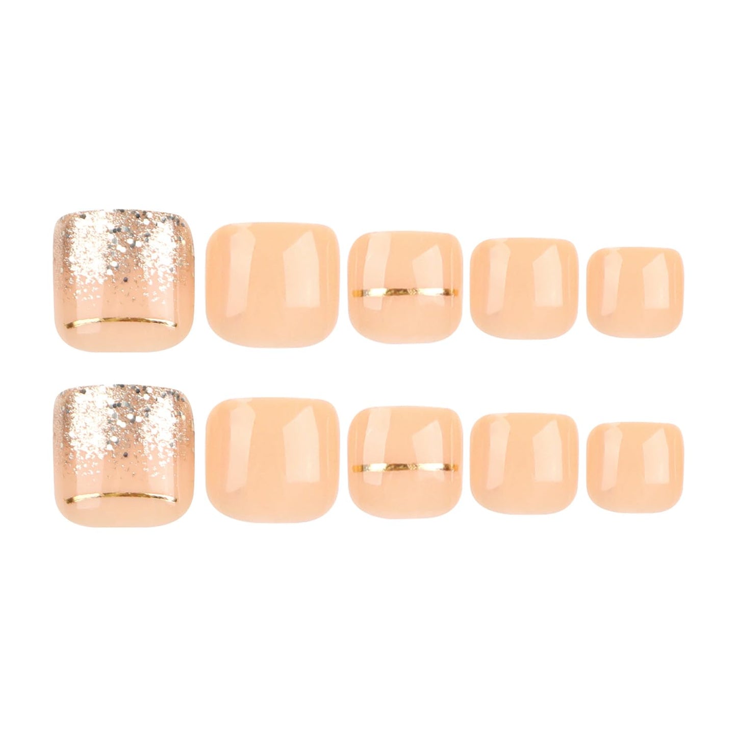 24 Pcs Nude Press on Toenails Square Toe Press on Nails Short Fake Nails French Gel X Nail Tips Gold Glitter Design Full Cover Acrylic Toe Nail Press ons with Nail File Stick Jelly Glue on Nails Kit