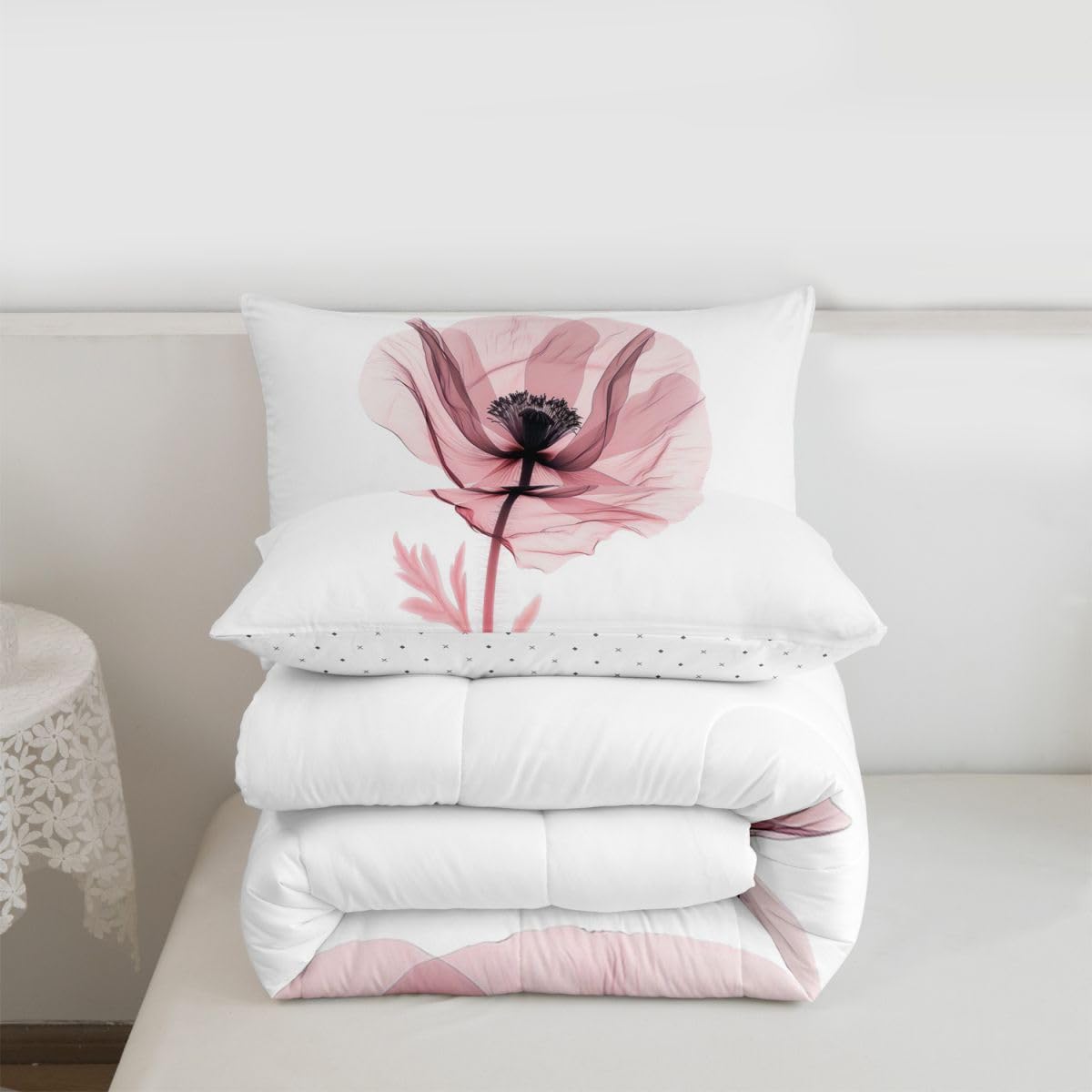 jejeloiu Abstract Flowers Bedding Set Soft for Boys Girls, Modern Art Comforter Set Toddler Size Pink Floral Duvet Quilt Microfiber Bedroom Decor 2 Pcs with 1 Pillow Cases