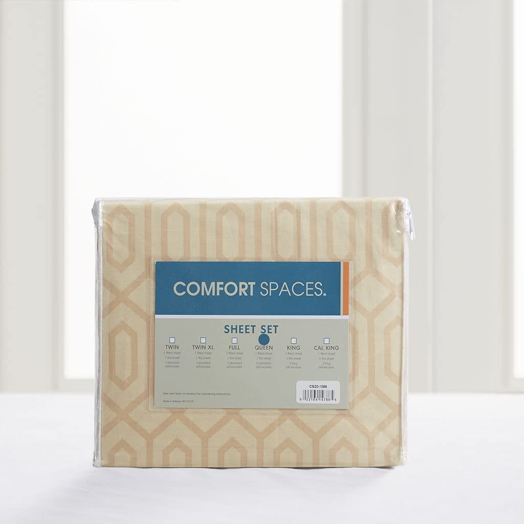 Comfort Spaces 100% Cotton Sheet Set Breathable, Lightweight, Soft with 14" Elastic Pocket Fits up to 16" Mattress, All Season Cozy Bedding, Matching Pillow Case, King Diamond Tan 4 Piece