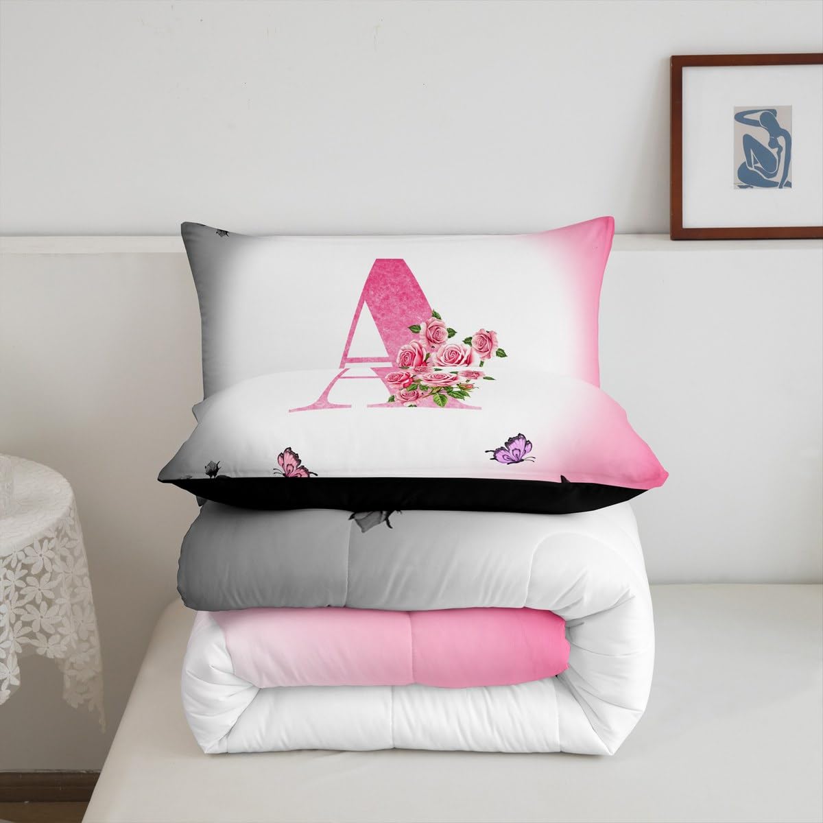 jejeloiu Letter Flowers Comforter Set Queen Size for Kids Teens Girls Woman Personalized Initial A Bedding Set Ultra Soft Black Pink Floral Rose Butterfly Duvet Quilt Monogrammed Duvet Modern Fashion