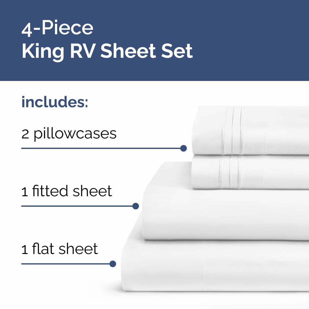 RV King Size Sheet Set 72 X 80 - 4 Piece RV Short Queen Bed Sheets - Ultra Soft, Breathable & Cooling - Designed for Bunks, Trailers & Camper - Fits 8” to 12" Mattress - Hotel Luxury Bedding - White