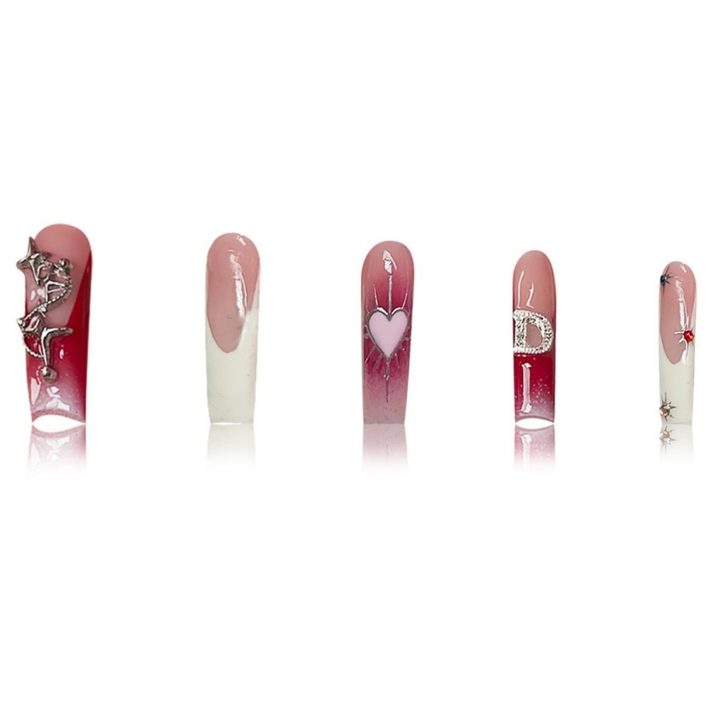 Long Press on Nails Square Fake Nails Pink Gradient Artificial Nail Heart and Silver Charm Designs Extra Long Stick on Nail for Women 24pcs