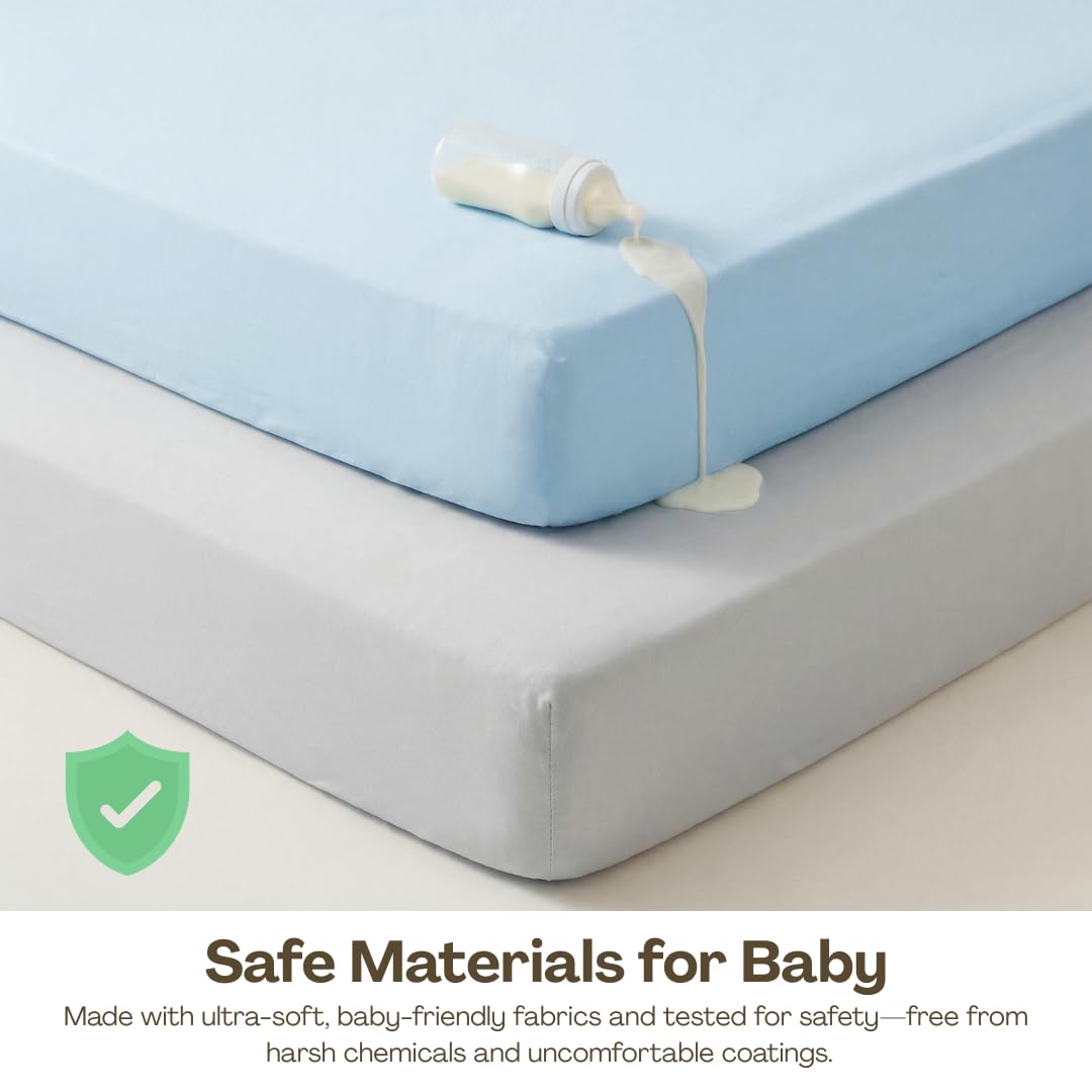 ABBYBABIES Bamboo Crib Sheets 2 Pack Waterproof Mattress Protector Set for Baby Crib, Soft Fitted Mattress Topper Alternative for Standard Crib and Toddler Bed 52x28x9in (Girl: Pink, Purple)
