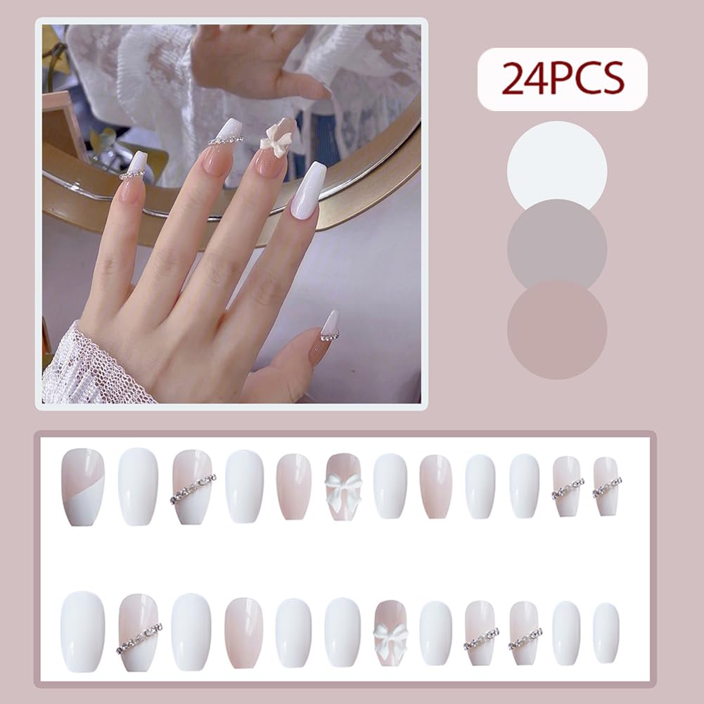 Hrnsnails Long Press On Nails Coffin White Fake Nails with Rhinestones and Bow Charm Nail Press Ons Design, Artificial False Nails Press On Nail Kit Stick On Nails for Women