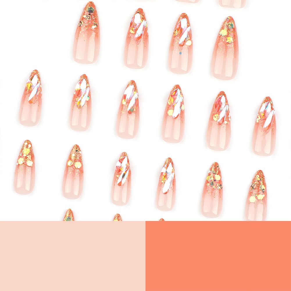 Hrnsnails Nail Press ons, Almond Press On Nails Medium Length Girls Fake Nails with Gold Glitter French Tip Aurora Diamond Design, Acrylic Artificial False Nails Press On Stick On Nails for Women