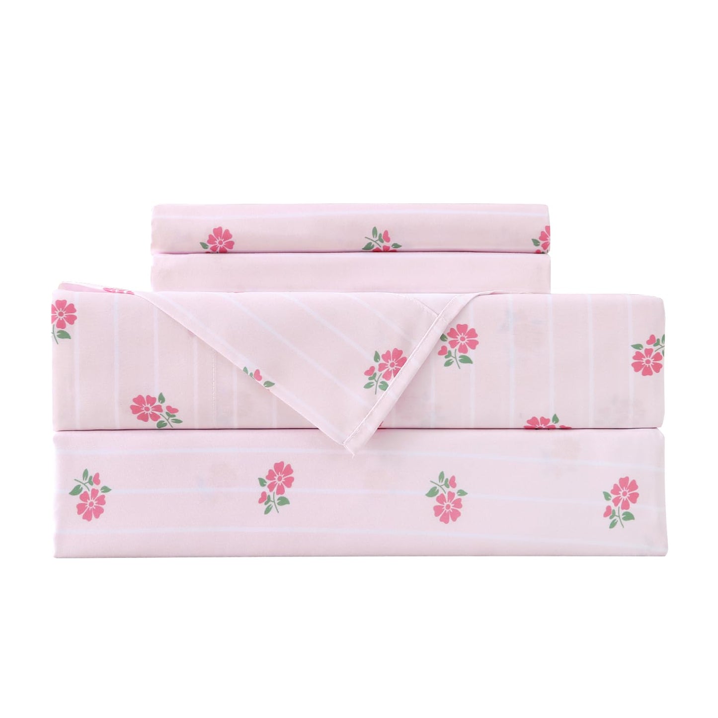 MCO Kids 3 Pieces Striped Twin Sheet Set for Girls, Breathable Bed Sheets with 16" Deep Pocket, Soft Brushed Microfiber Bedding Set (Twin, Pink Flower)