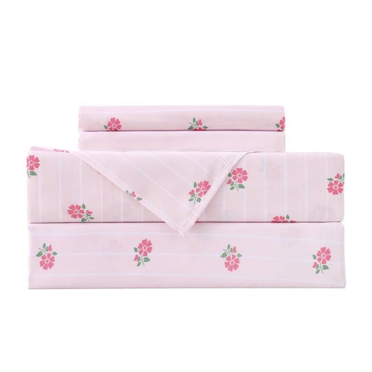 MCO Kids 3 Pieces Striped Twin Sheet Set for Girls, Breathable Bed Sheets with 16" Deep Pocket, Soft Brushed Microfiber Bedding Set (Twin, Pink Flower)