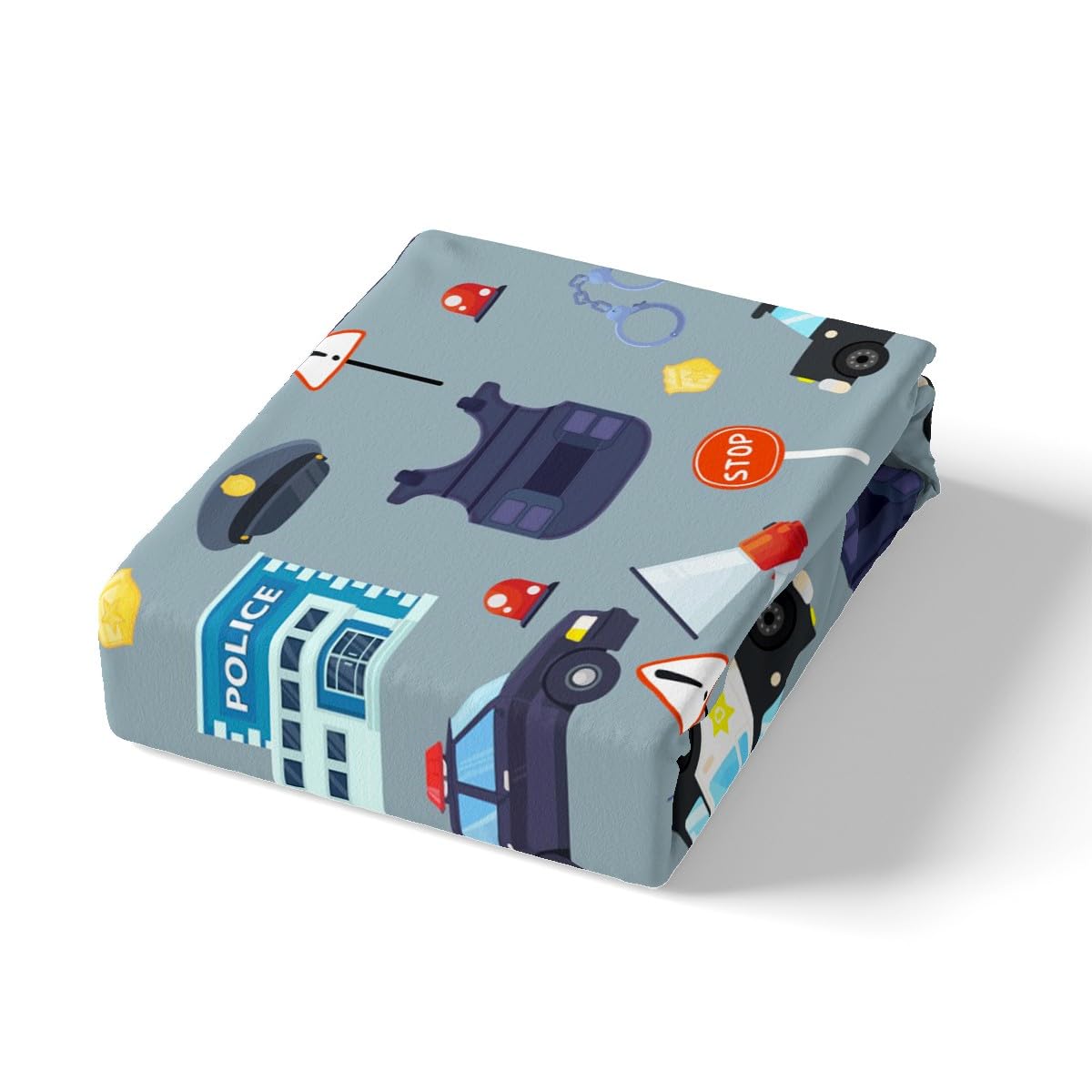 Manfei Cartoon Police Cars Kid Fitted Sheet Twin Size,American Police Office Policeman Bedding Set,Girls Boys Men Room Decor,Western Theme Bed Cover,Blue Fashion Bed Sheet,1 Pillowcase,No Top Sheet