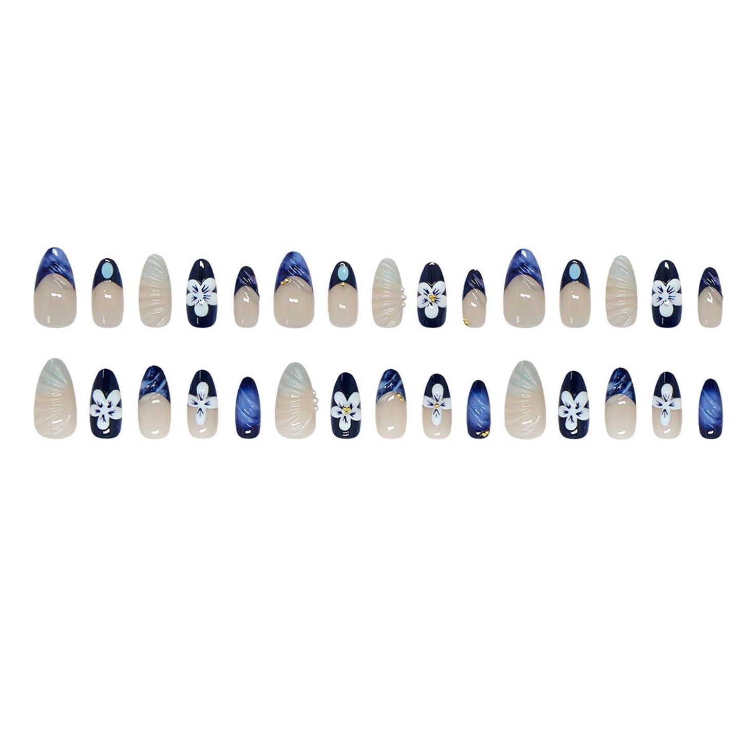 3D Blue & Nude Press On Nails - Medium Almond Fake Nails with Flower & Pearl Design, Glossy French Tip Glue On Nails for Women, Reusable Full Cover False Nails with Glue Tabs - 30Pcs Manicure