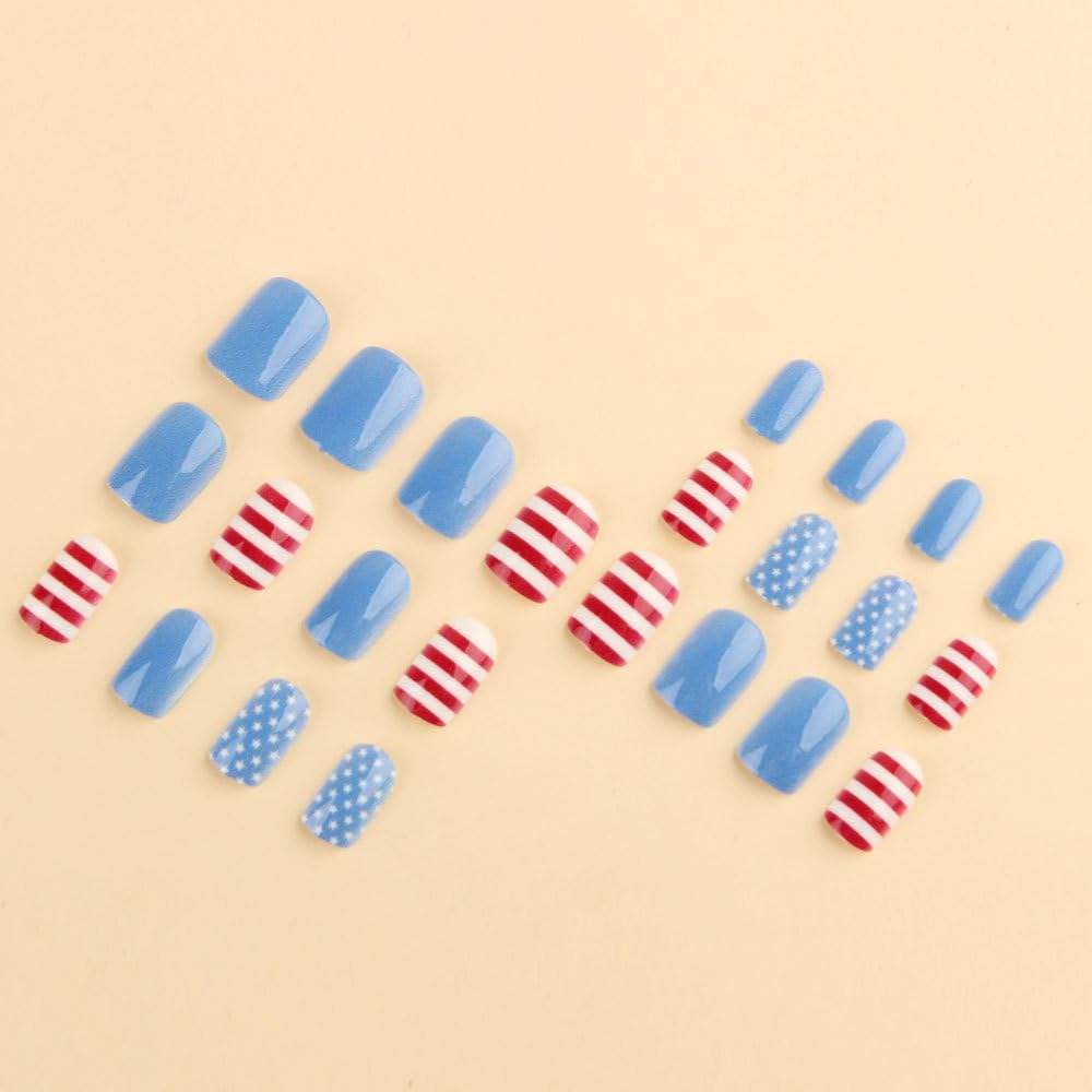 24Pcs Independence Day Press on Nails Short Square Fake Nails Red Blue White Stripes Stars Stick on False Nails Reusable Glossy Acrylic 4th of July Nails Full Cover Glue on Nails for Women Decor