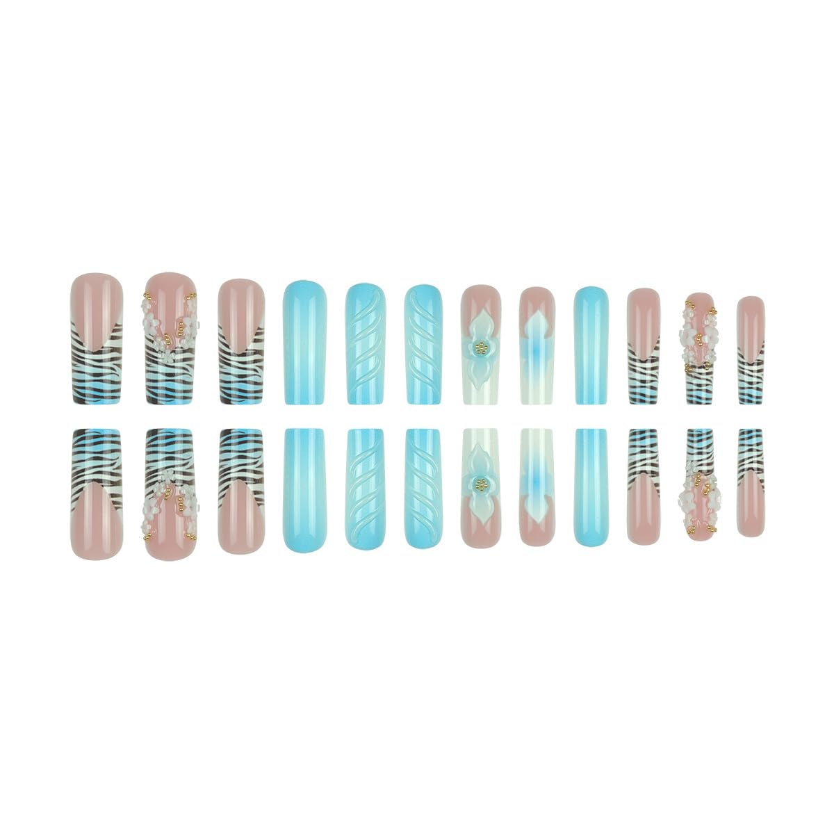 plalely Long Square Press on Nails,Handmade Acrylic Press on Nails with Designs，Long Press on Nail for Women 24pcs