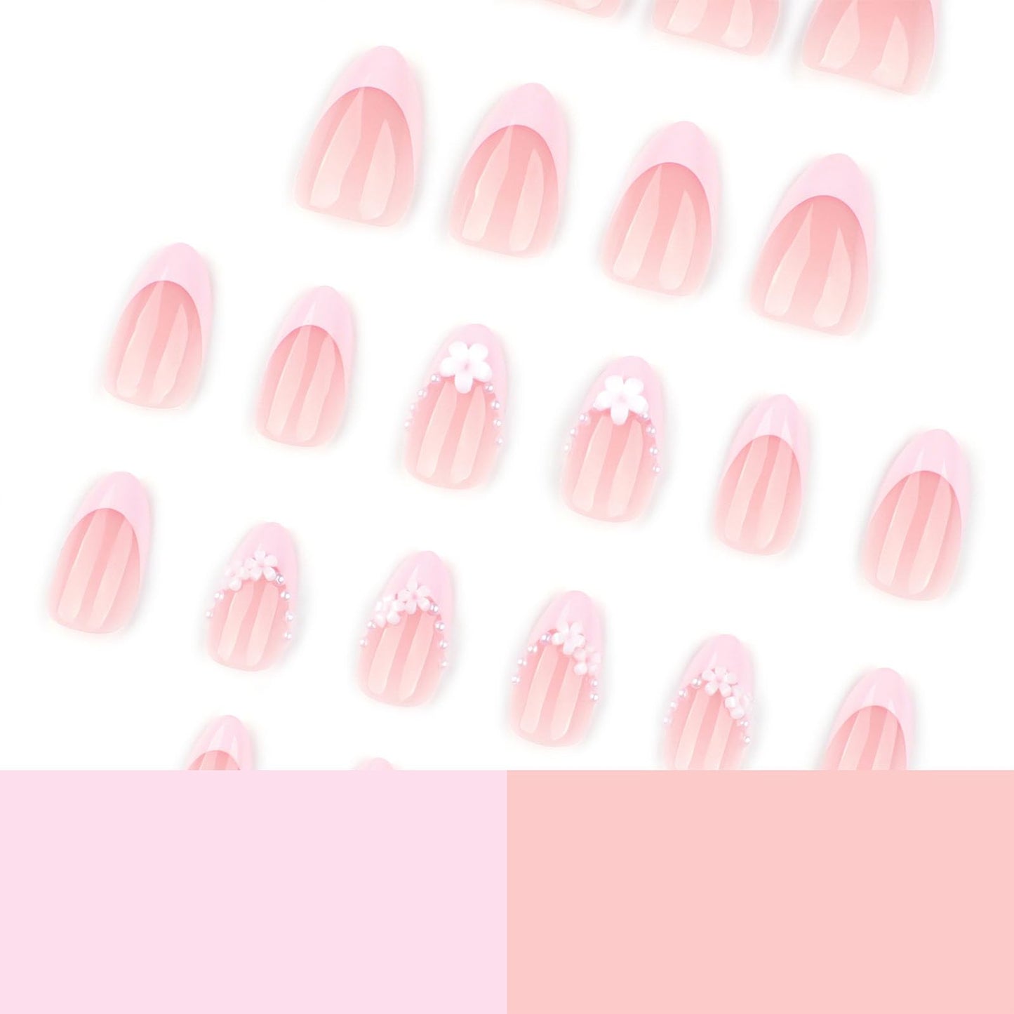 French Tip Press on Nails Short False Nails Nude Pink 3D Pearl Flower Design Stick on Nails Full Cover Reusable False Nail for Women 24 Pcs
