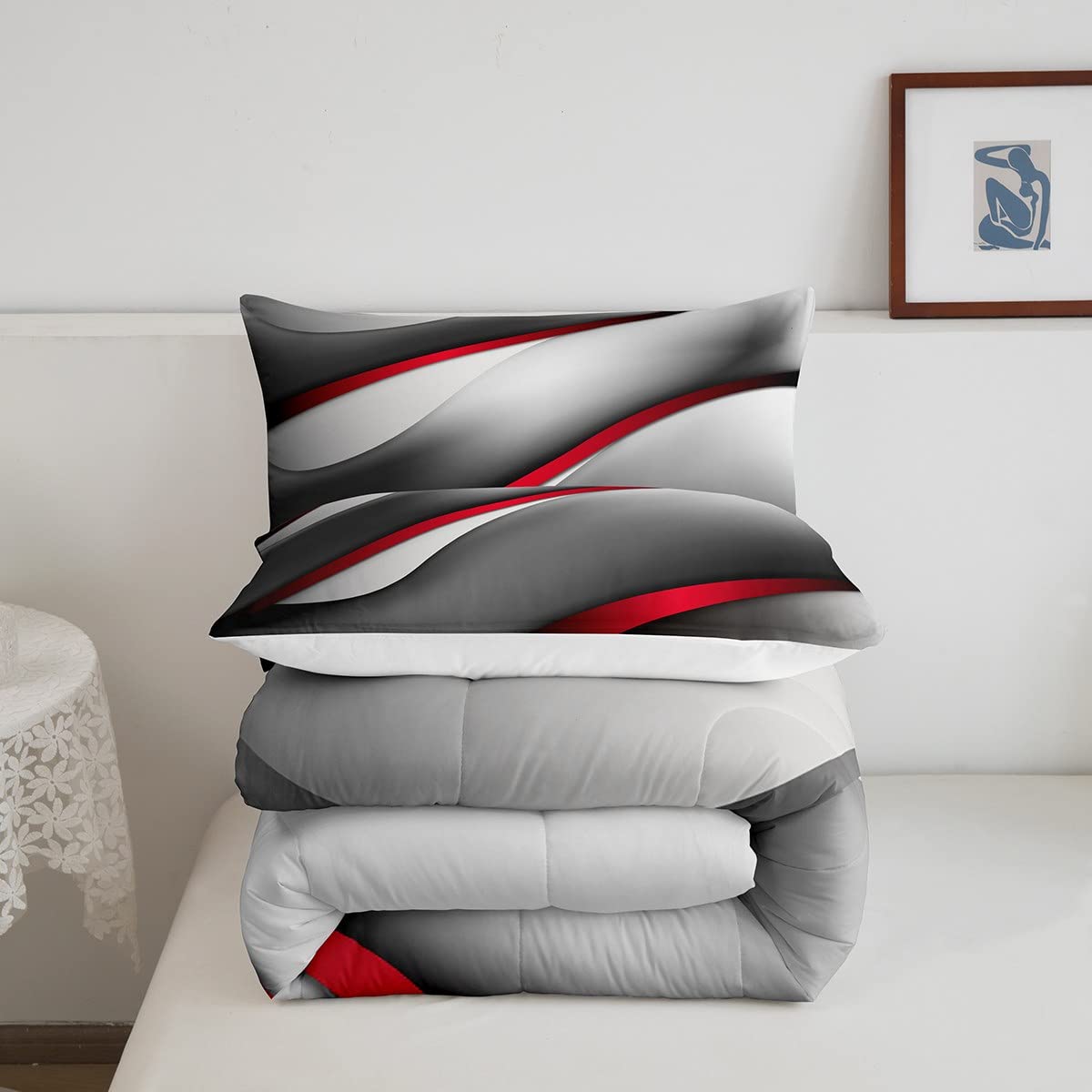 Castle Fairy Modern Gray Red Black Comforter Set Full Size Abstract Stripes Quilt Set 3pcs for Kids Youth Men Women Bedroom Decor 3D Stripes Bedding Set Gradient Simple Duvet Insert,2 Pillowcases