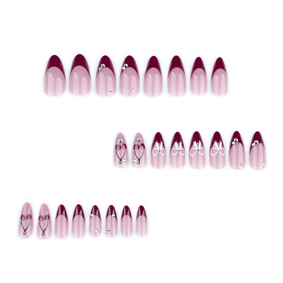 24Pcs Red French Tip Press on Nails Almond Medium Fake Nails with Sparkly Rhinestones Gems Designs Cherry Silver Bow Acrylic Nails Full Cover Glue on Nails for Women Manicure Accessories