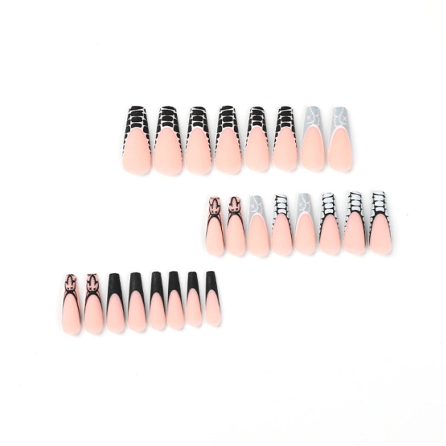 YoYoee French Long Press on Nails Matte Fake Nails Coffin False Nails Acrylic Graffiti Black Stick on Nails for Women and Girls 24PCS