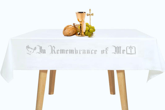 Large In Remembrance of Me Silver Thread Embroidery Altar Frontal Holy Communion Table Cloth Cover 96x52Inch White Rectangle Communion Table Cloth for Church for Gatherings Baptism Ceremonies(Silver)