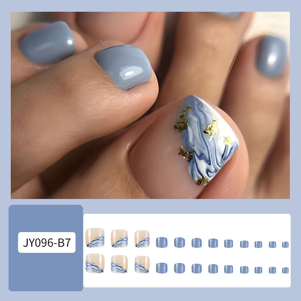 Square Fake Toenails Summer Glossy Blue White Gradient Press on Toenails Gold Foil Short Acrylic Toes Nails with Sea Wave Designs Light Blue Artificial Beach Full Cover Toenail for Women Girls 24 Pcs