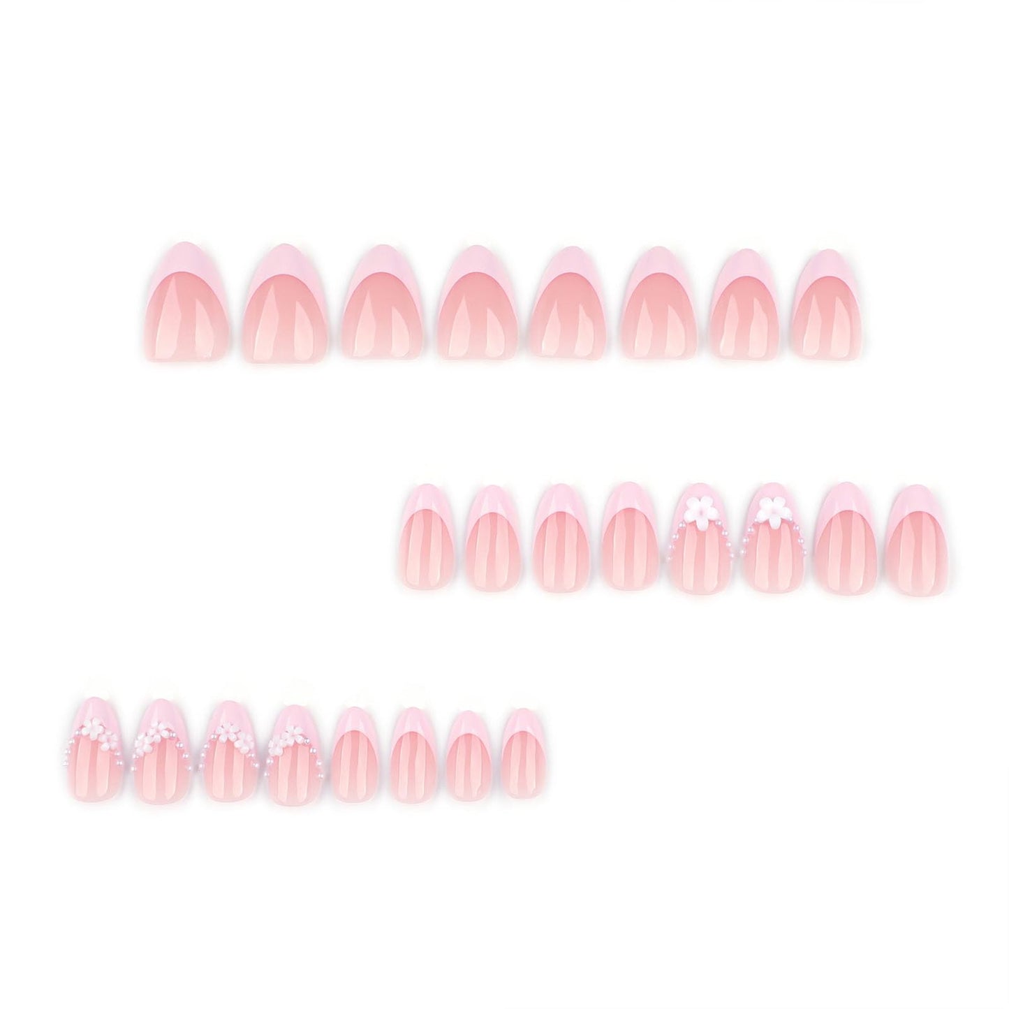 French Tip Press on Nails Short False Nails Nude Pink 3D Pearl Flower Design Stick on Nails Full Cover Reusable False Nail for Women 24 Pcs