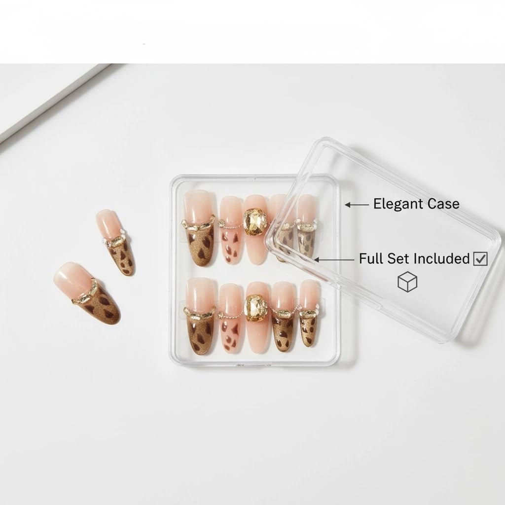 Handmade Press on Nails Long Stiletto Fake Nails French Tip Leopard print False Nails with 3D Rhinestones Designs Sparkly Gold luxury Artificial Nails Reusable for Women 10pcs (Size M）