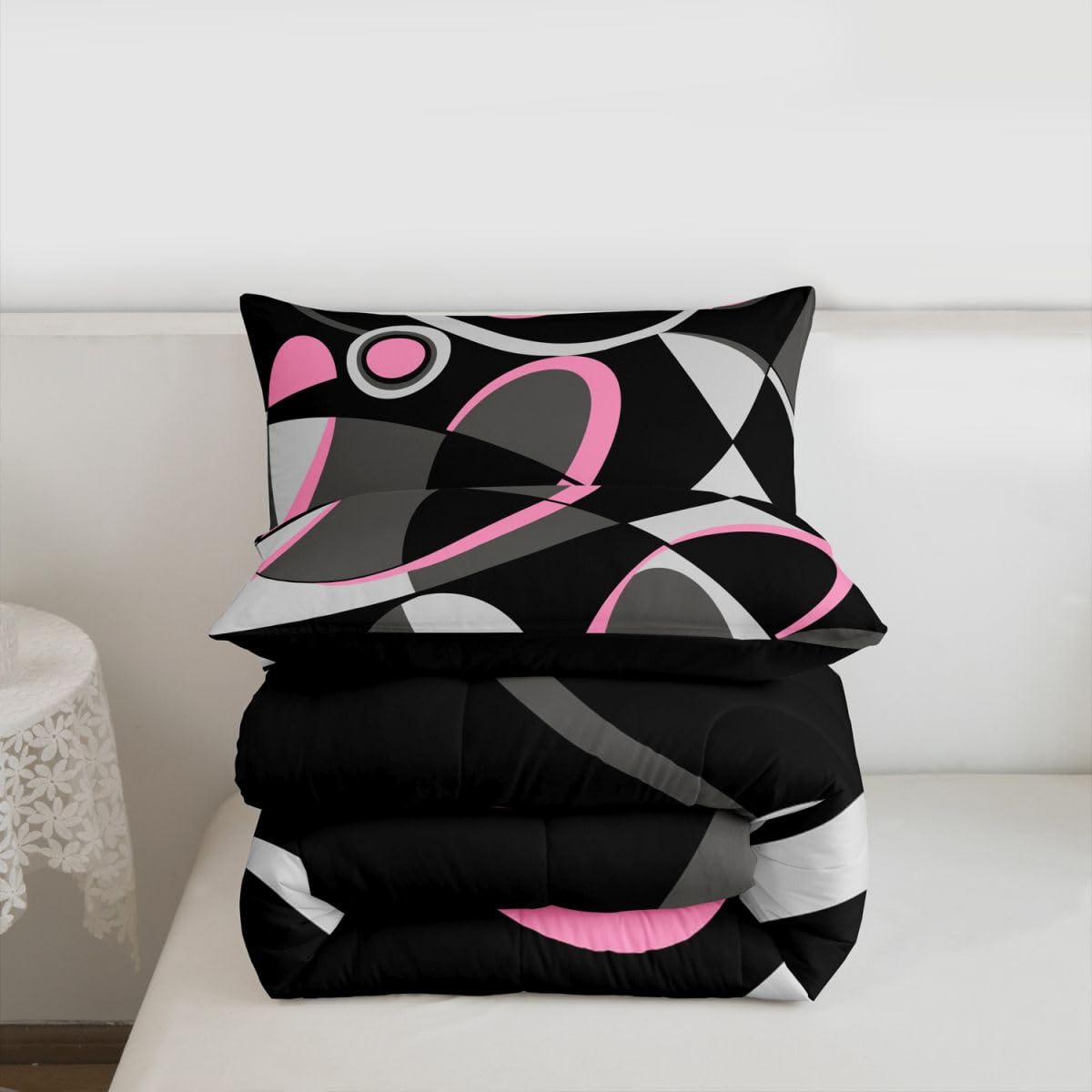 Feelyou Pink Grey and Black Comforter Retro Circle Geometrics Comforter Set Modern Abstract Art Bedding Set for Kids Boys Girls Geometrics Swirl Duvet Set Luxury Room Decor Quilt Set Queen Size