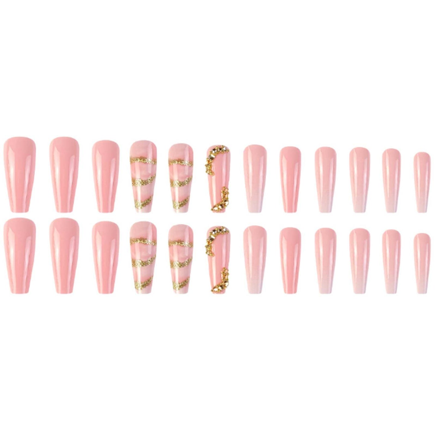 Gifiky Marble Nails Fake Nails Long Coffin Press on Nails Bling Nails Tips Crystal Gem Design Full Cover Gradient False Nails Pink for Women and Girls 24Pcs
