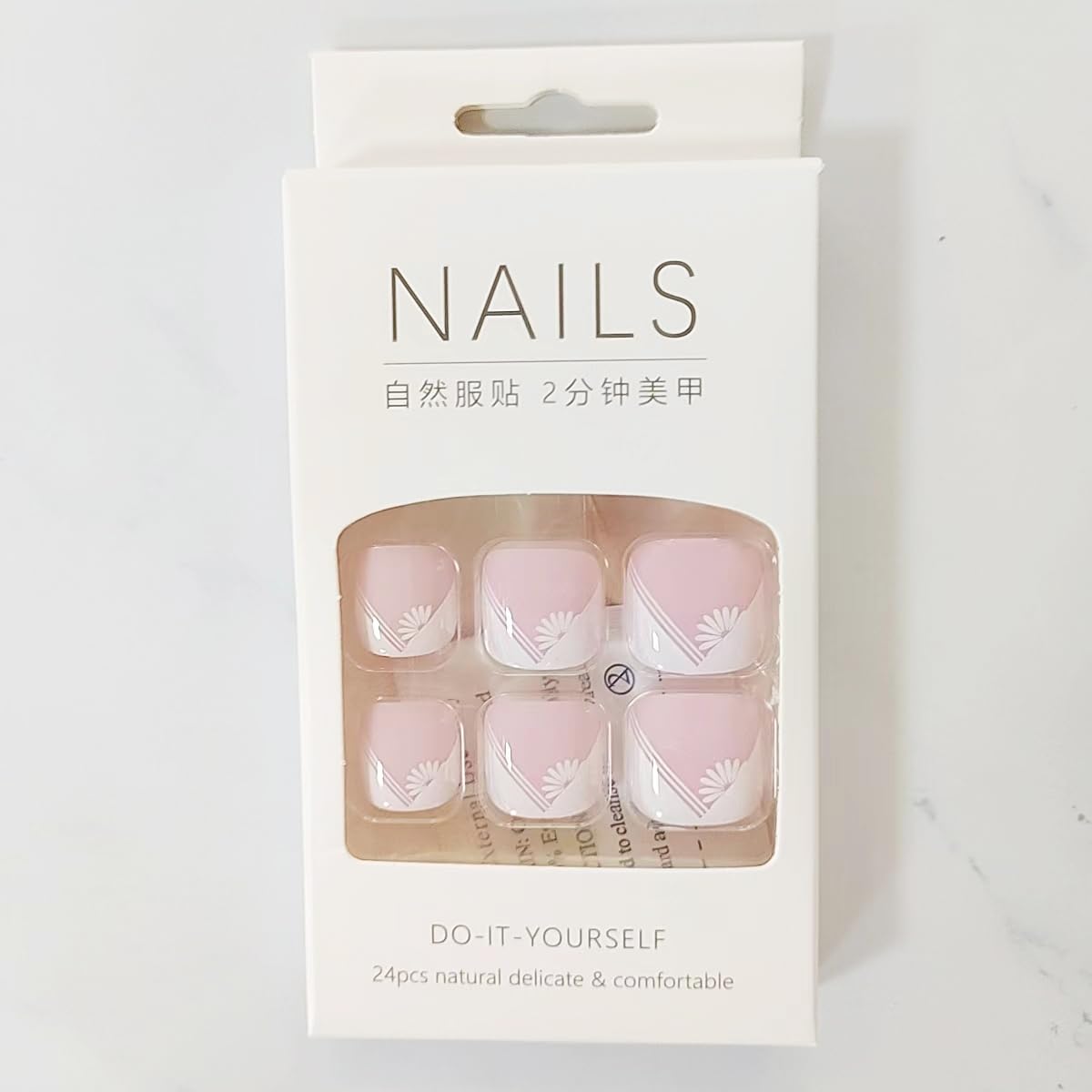 24Pcs French Tip Press On Short Square Coffin Full Cover Reusable Toenails With Glue Stick - White Daisy Designs Acrylic Summer False Toe Static Nails for Women