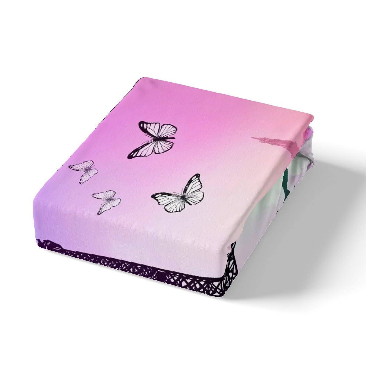 Eiffel Tower Fitted Sheet Full for Boys Kids Teens Bedroom,Fashion Paris Buildings Bedding Set(No Top Sheet),Dreamy Purple Sky Bed Sheet,French Style Bed Cover,2 Pillowcases