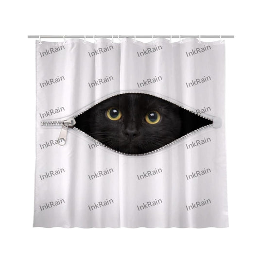InkRain Black Cat Shower Curtain with 12 Hooks Cute Puppy Peek Design Bathroom Decor Waterproof Polyester Fabric Bath Curtain 72x80 Inch