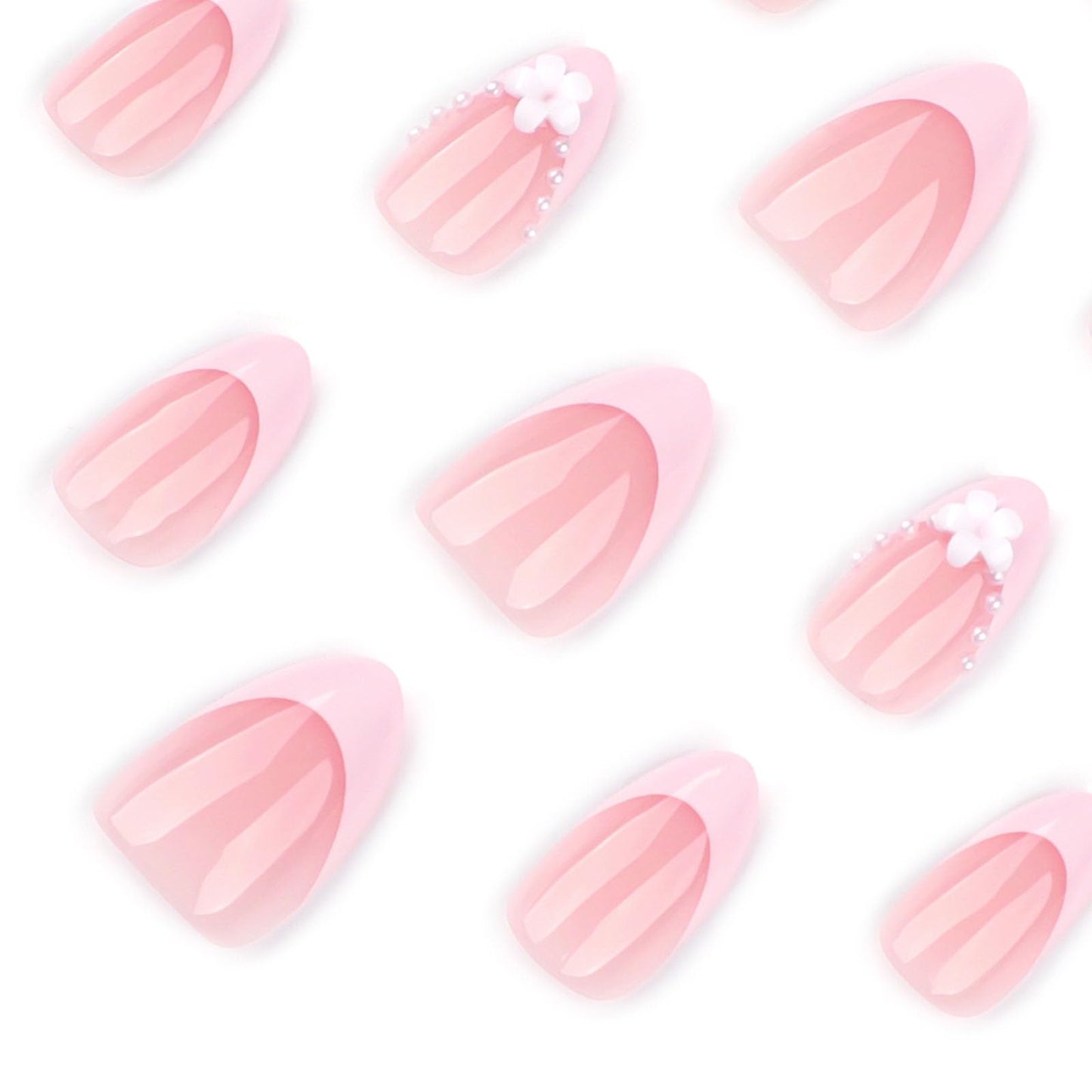 French Tip Press on Nails Short False Nails Nude Pink 3D Pearl Flower Design Stick on Nails Full Cover Reusable False Nail for Women 24 Pcs