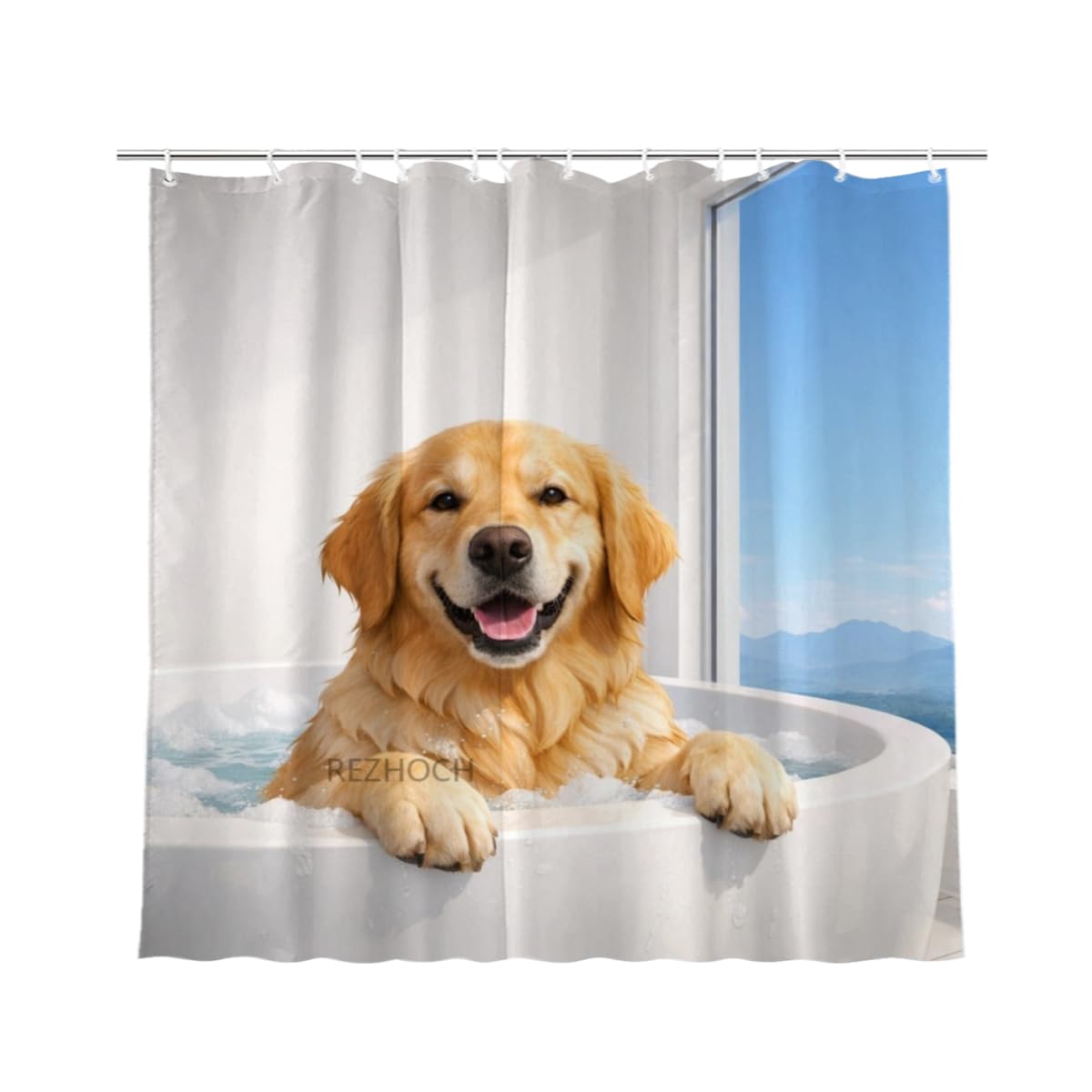 REZHOCH Funny Golden Retriever Shower Curtain 72x72 Inch Cute Animal in Bathtub Home Bathroom Decor Minimalist White Modern Art Waterproof Fabric Contemporary Gift Bath Set with Hooks