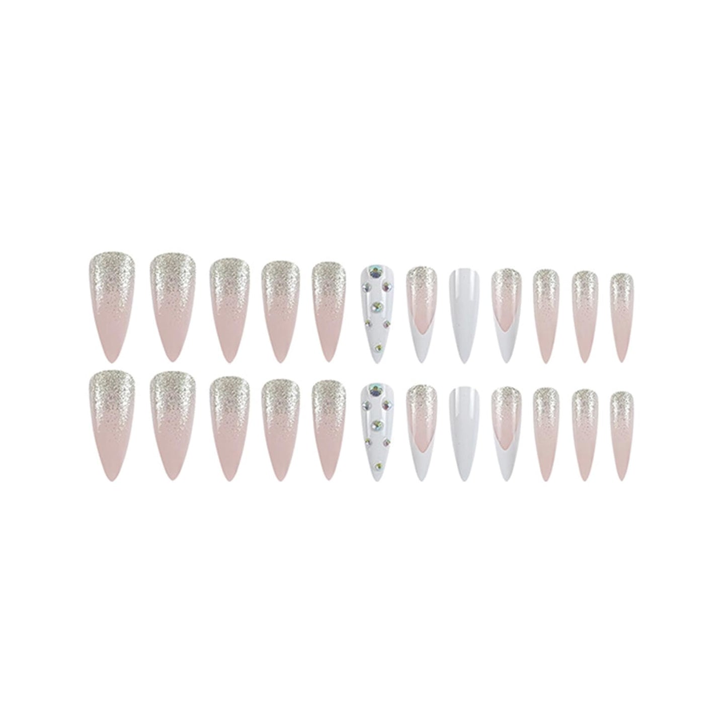 SINHOT Rhinestones Long Stiletto Fake Nails - Glossy Glue on White French Tip Acrylic Pink Almond Artificial Sparkly Glitter Stick on False Nails with Design 24 pcs