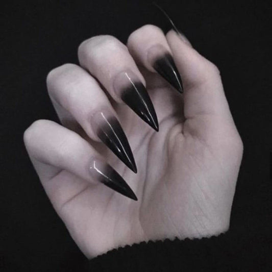 SINHOT Stiletto Press on Nails Extra Long Fake Nails with Glue Glossy False Nails with Black Gradient Designs Full Cover Almond Acrylic Nail 24pcs