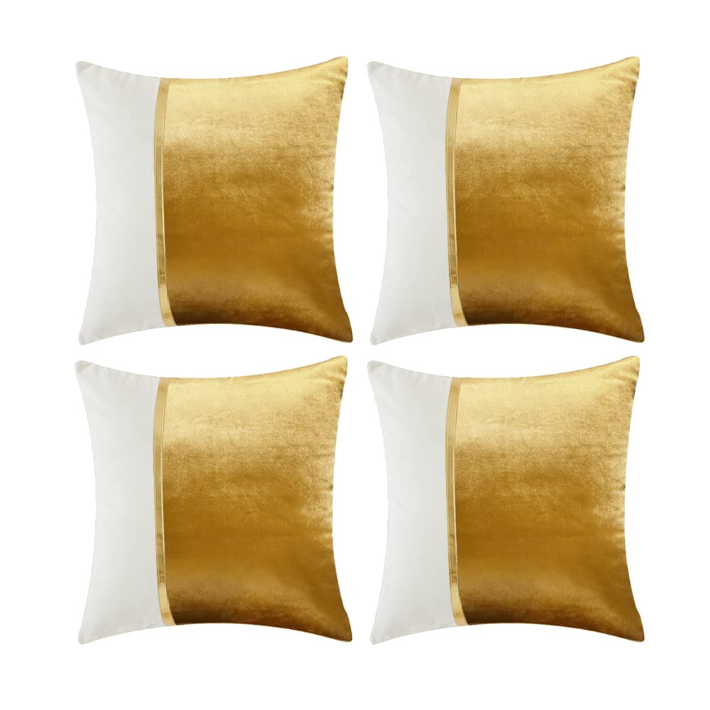 Fancy Homi 4 Pack Gold Decorative Throw Pillow Covers 18x18 Inch for Living Room Couch Bed Sofa, Velvet Patchwork with Gold Leather, Luxury Home Decor Square Cushion Case 45x45 cm