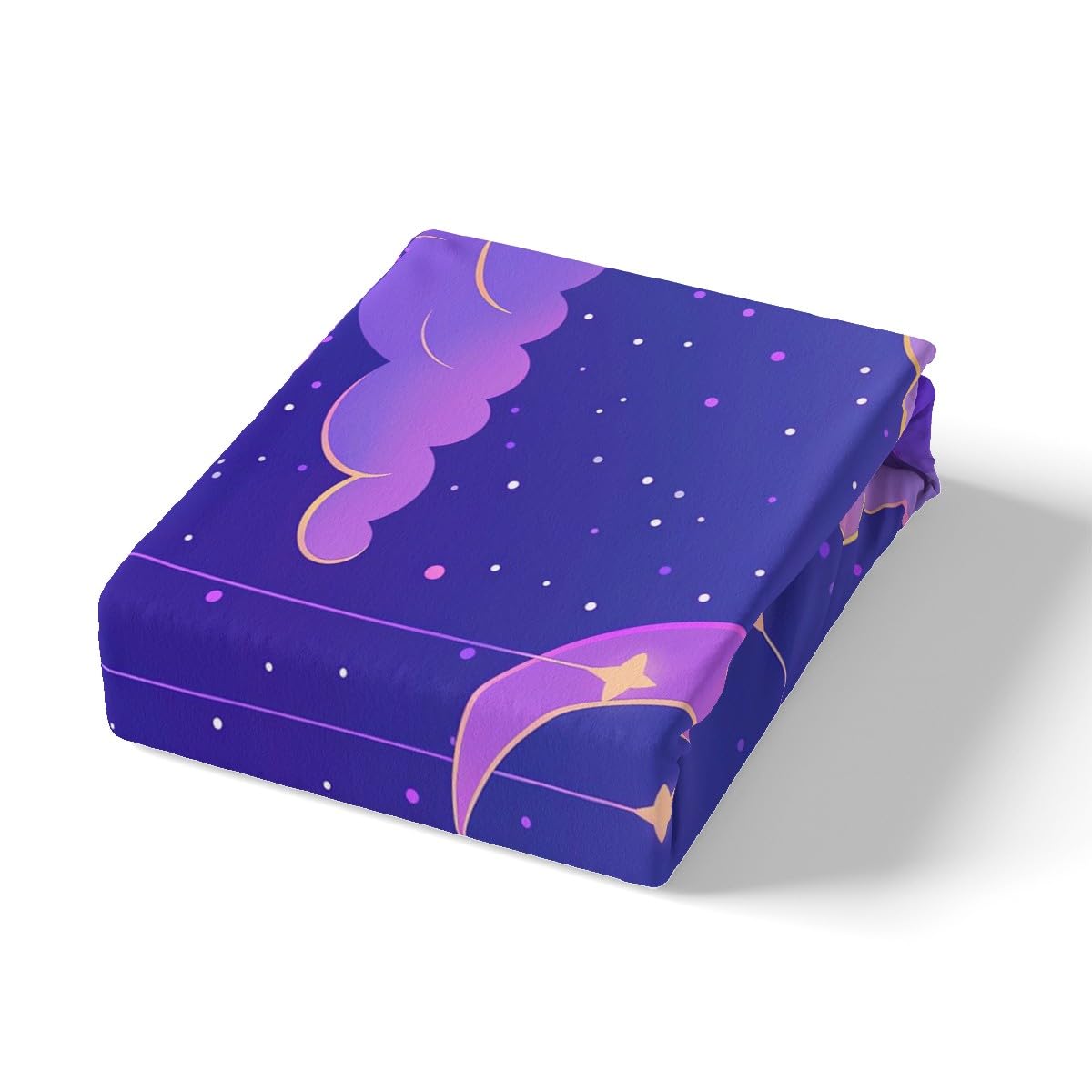 Moon Night Kids Fitted Sheet Full Size,Cartoon Moon Stars Clouds Bedding Set,Boys Girls Room Decor,Starry Sky Romantic Bed Cover,Purple Yellow Bed Sheet,2 Pillowcases