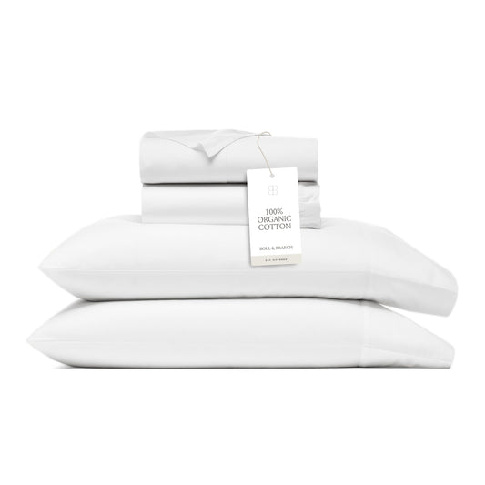 BOLL & BRANCH Signature Hemmed Sheet Set - Full, White - Luxury 100% Organic Cotton - Includes 1 Flat Sheet, 1 Fitted Sheet, 2 Pillowcases - Buttery Soft