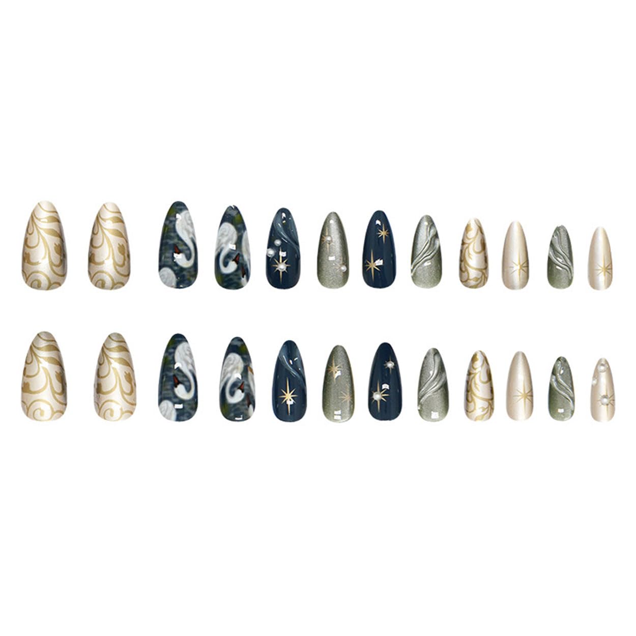 Press on Nails Almond Medium Fake Nails French Tip False Nails Press ons with Glitter Swan Design Glue on Nails Artificial Acrylic Nail Art Glossy Full Cover Stick on Nail Supplies for Women 24Pcs